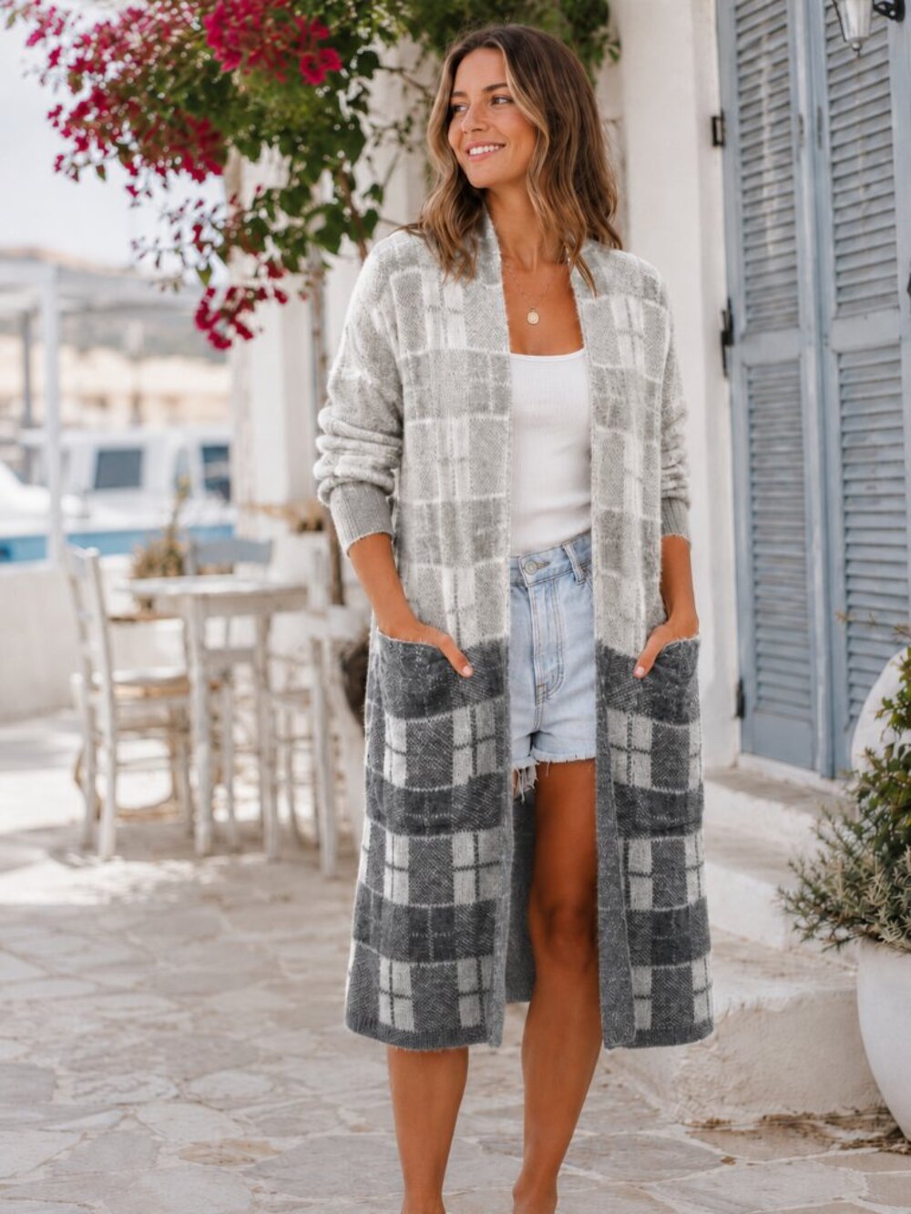 Davi & Dani Grey Ivory Plaid Fuzzy Long Open Front Cardigan Duster NWT